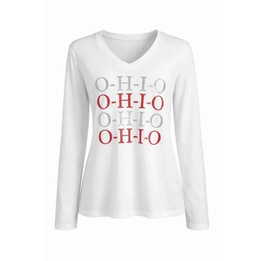 Hanes Ladies Ohio State Long Sleeve Tshirt, Size Large,White w/ Sparkly Letters